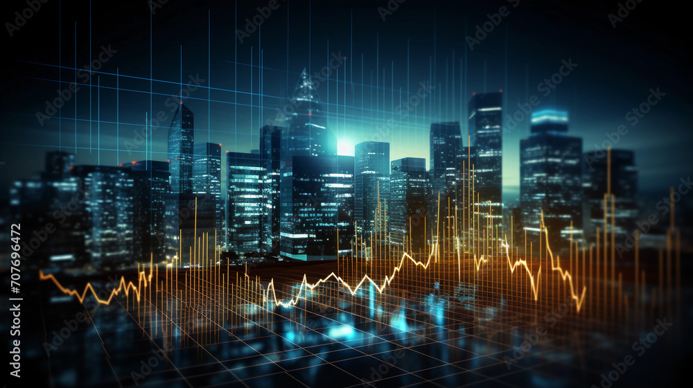 Stock market business concept with financial chart on screen and metropolis. Investment and trading background 