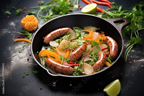 sausages sizzling in a modern pan with herbs