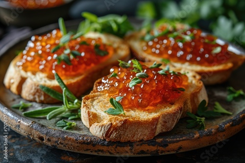 Sandwich with red caviar on a wooden table: a treat for connoisseurs of taste