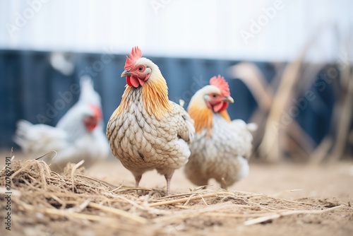 two hens cluck near a pile of hay photo