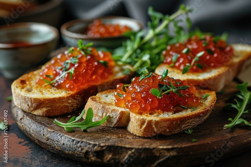 Sandwich with red caviar on a wooden table: a treat for connoisseurs of taste