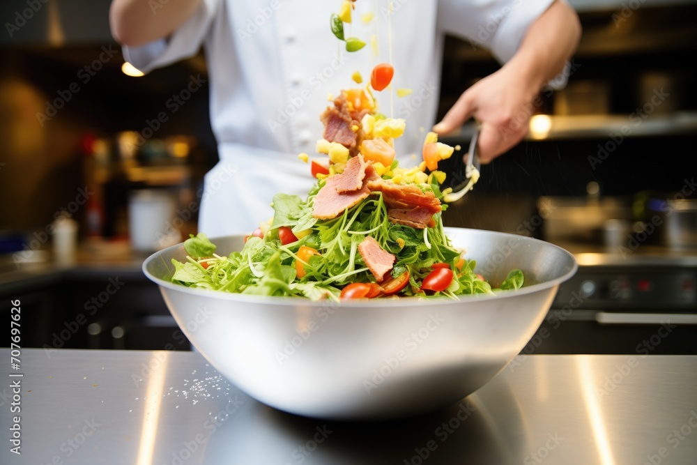 chef tossing cobb salad in a stainless steel bowl