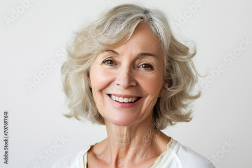 Mature old lady close up portrait. Senior model woman with grey hair laughing and smiling. Healthy face skin care beauty, skincare cosmetics, dental.