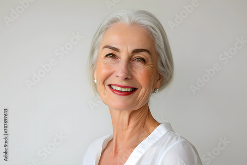 Mature old lady close up portrait. Senior model woman with grey hair laughing and smiling. Healthy face skin care beauty  skincare cosmetics  dental.