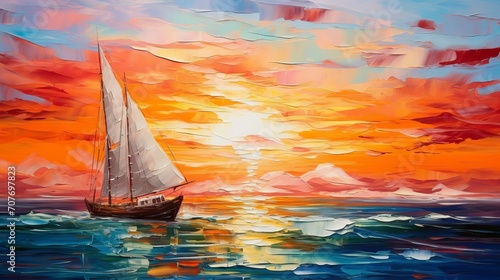 Impressionist seascape painting with boat and sun rays on canvas texture. Colorful abstract modern art for background. photo