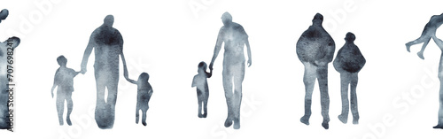 Watercolor border with silhouettes of people. Brush strokes in the form of blue silhouettes of people,Silhouette of family on white background.
