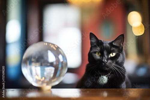 black cat with piercing eyes next to a crystal ball