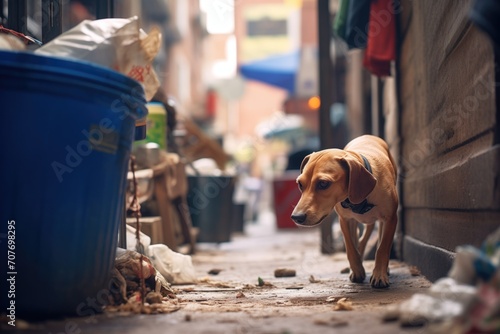 stray dog rummaging through trash in a menacing alleyway photo