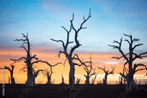 crooked tree silhouettes at deep twilight