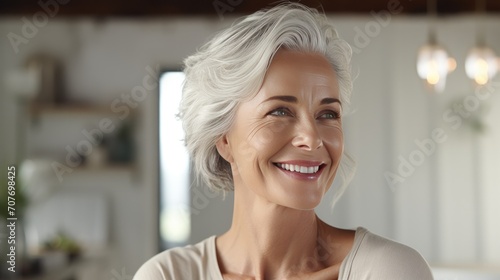 Elegant mature woman smiling in well-lit home interior. Positivity and aging gracefully. © Postproduction