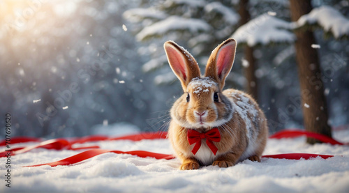A brown rabbit with a ribbon is sitting alone in the snow. a snowy midwinter scene. Generative Ai 