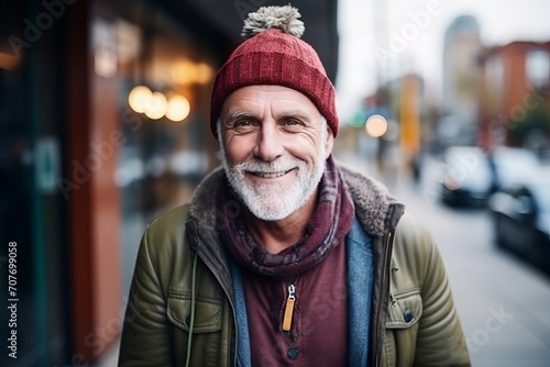 Portrait of a senior man wearing a hat in a city street
