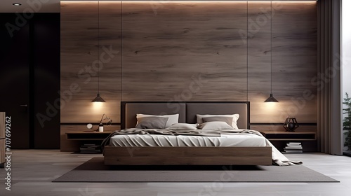 a modern bedroom with a sleek design. The focal point is a low bed with white linens, flanked by hanging lights. The wall behind the bed is covered in wooden panels © wiwid