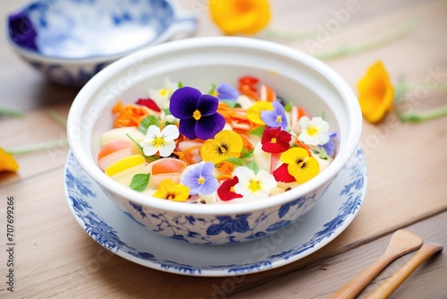 fruit salad with edible flowers in a ceramic dish