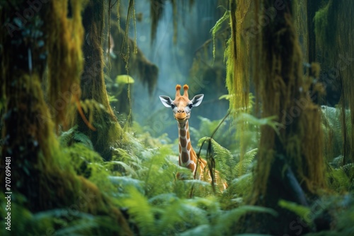 giraffe navigating through dense forest patch