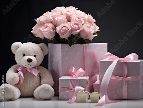 Toy bear with square gift and bouquet of tender roses.  Pastel background. © Alexander
