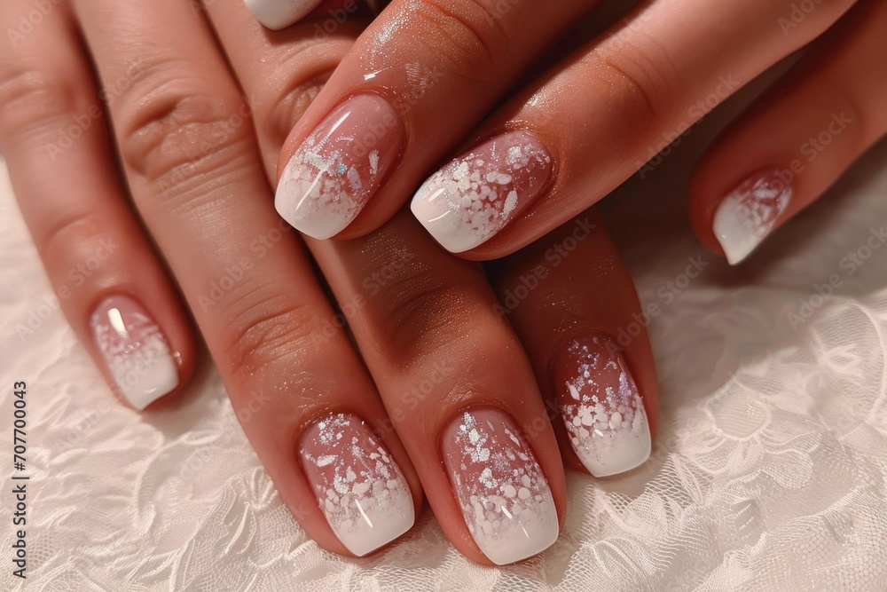 Close-up of delicate female manicure in pink tones Close-up of delicate female manicure in pink tones