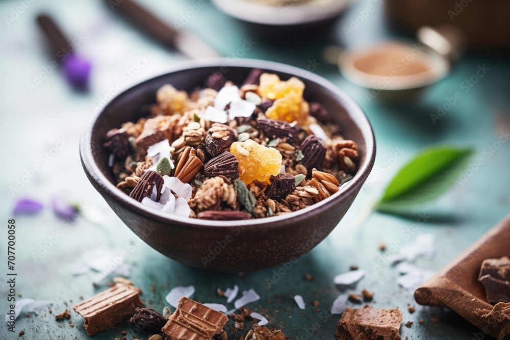 close-up of a granola bowl with chunks of dark chocolate close-up of a granola bowl with chunks of dark chocolate