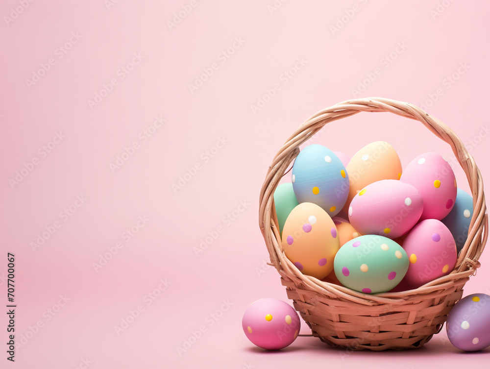 Easter eggs of different colors in wicker basket on white background. Easter eggs in pastel colors.