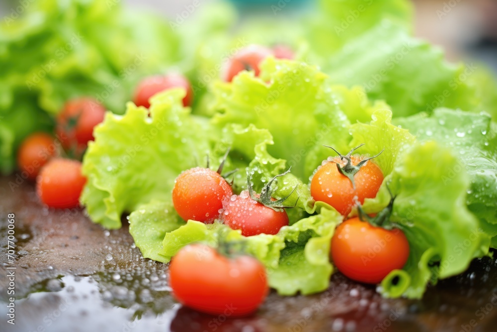 freshness focus: dew on salad leaves, vibrant red tomatoes freshness focus: dew on salad leaves, vibrant red tomatoes