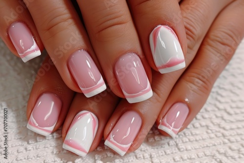 Close-up of delicate female manicure in pink tones