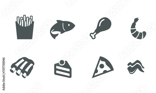 frying icon set. french fries, fish, chicken, meat, pizza, wings flat vector graphic illustration. photo