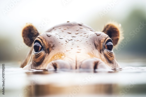 close shot of hippo eyes peeking above water