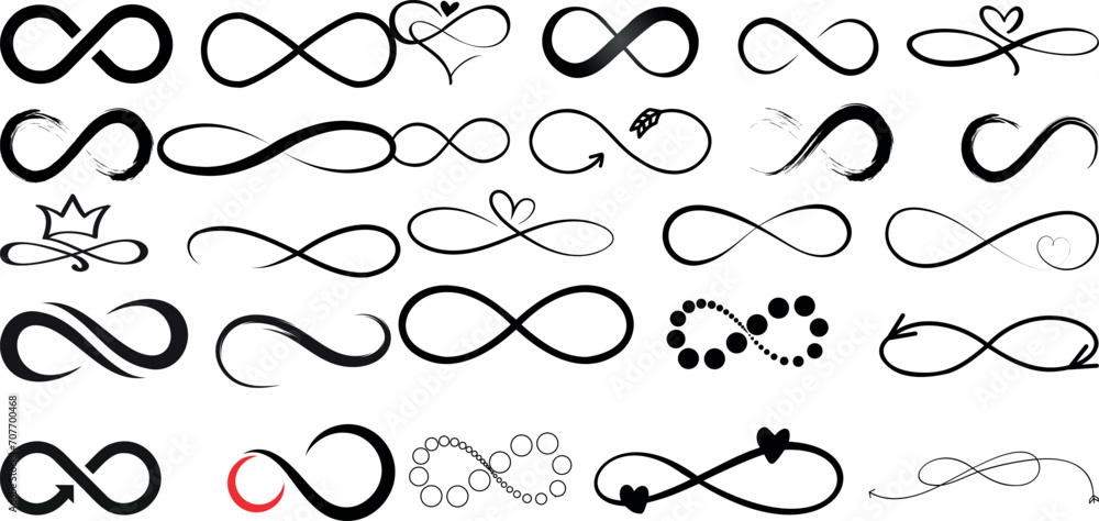 Infinity symbols collection, black lines, white background. Perfect for logo design, branding, art projects. Elegant, versatile infinity symbols for universal use - obrazy, fototapety, plakaty 