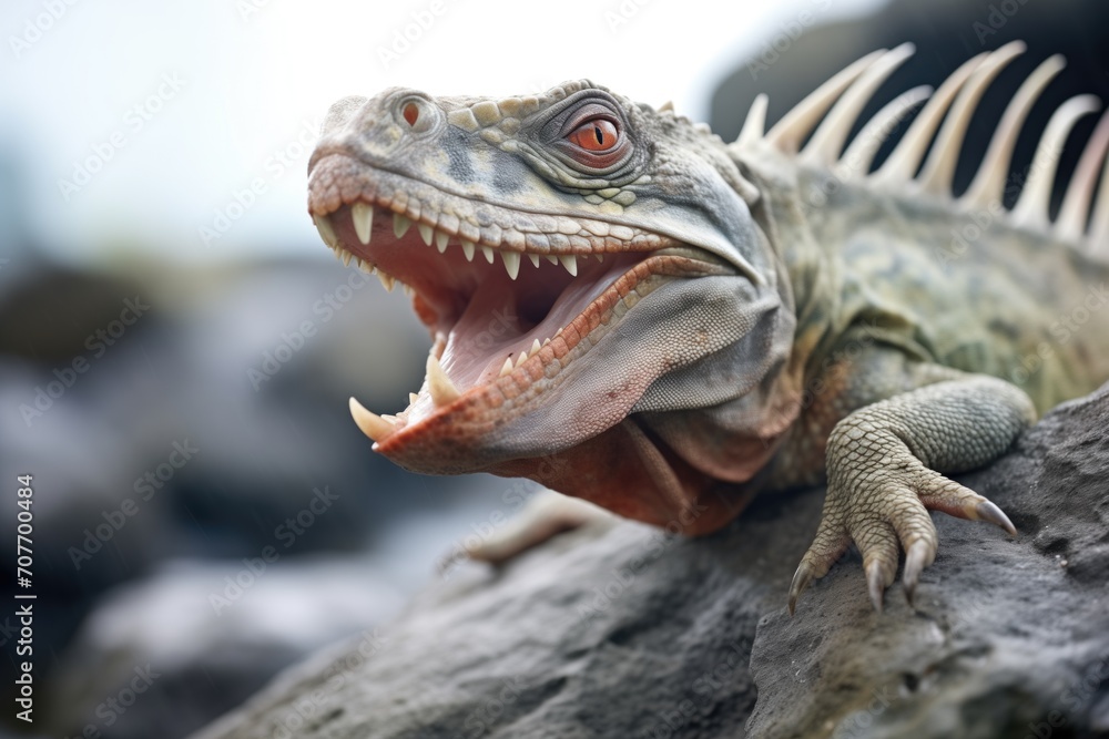 Fototapeta premium iguana with its tongue out on a rocky terrain