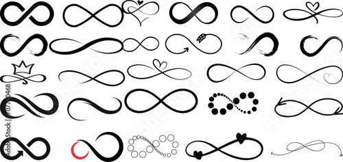 Infinity symbols collection, black lines, white background. Perfect for logo design, branding, art projects. Elegant, versatile infinity symbols for universal use