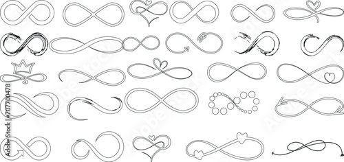 Infinity symbols vector, black outlines on white background. Ideal for logo, tattoo, wedding invitations. Modern, elegant representations of eternity concept