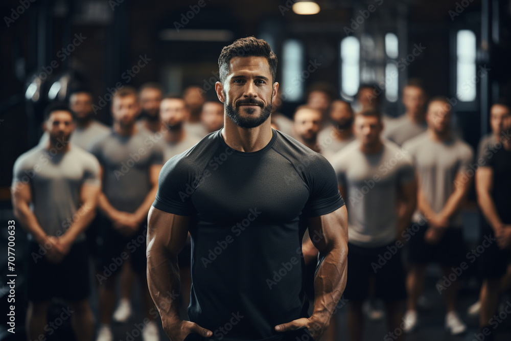 A fitness trainer in athletic wear, leading a group workout session in a gym, surrounded by exercise equipment and motivated participants. A fitness trainer in athletic wear, leading a group workout session in a gym, surrounded by exercise equipment and motivated participants.