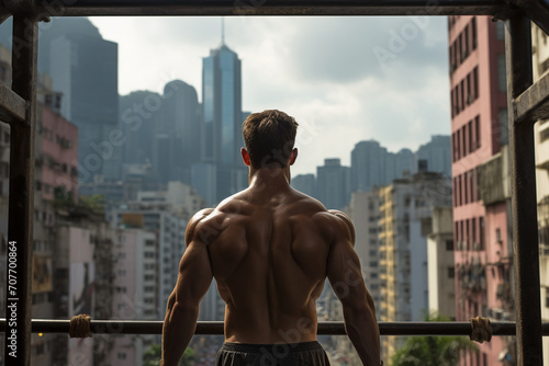 A ripped guy doing a muscle-up on a street workout bar, with the city skyline in the background, blending urban aesthetics with athletic prowess. photo