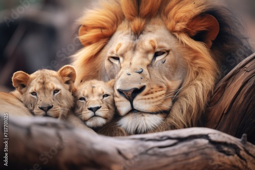 male lion watching over sleeping cubs