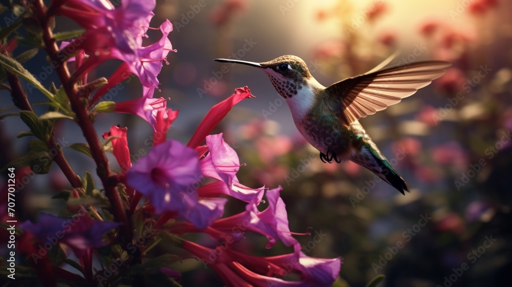 Obraz premium Early in the morning, before the light has even begun to shine on the field of flowers, a female Ruby-throated Hummingbird feeds on some purple blossoms