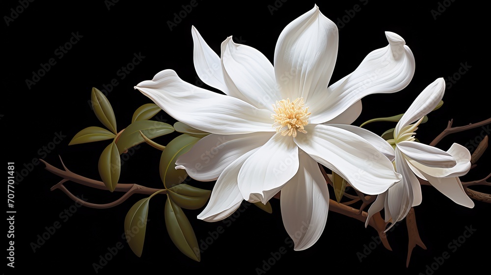 Fototapeta premium Digital painting of a star magnolia blossom with white petals and pink stamens on a green background