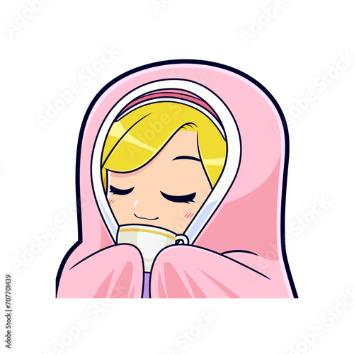 Cute blonde girl wearing blanket and drink cup of hot tea cartoon vector illustration