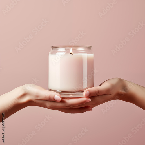 Young woman holding burning white candle jar in her hands, candle jar mockup closeup shot, Generative AI