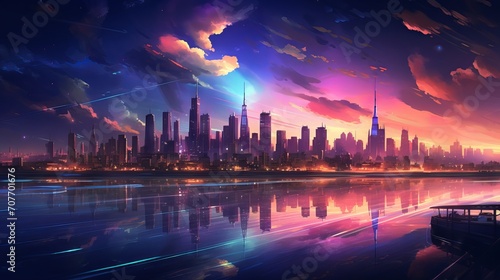 Digital painting of a cityscape with bright neon lights and dark sky at night