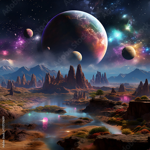 Step into the Unknown: Surreal Otherworldly Landscape with Galactic Background, Planets, and Galaxies, Created with Generative AI Technology