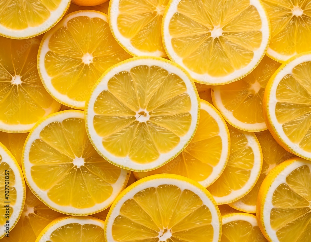 Fresh lemon slices pattern yellow background, close up Fresh lemon slices pattern yellow background, close up