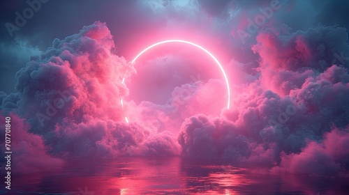 A single simple puffy light pink cloud with a circle in the sky with pink lights photo