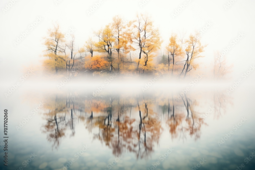 reflection of trees on a foggy river surface reflection of trees on a foggy river surface