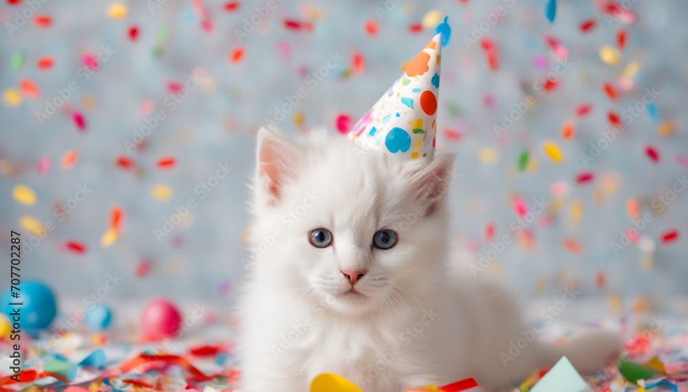 White kitty in birthday hat with confetti and colorful background. Birthday concept White kitty in birthday hat with confetti and colorful background. Birthday concept