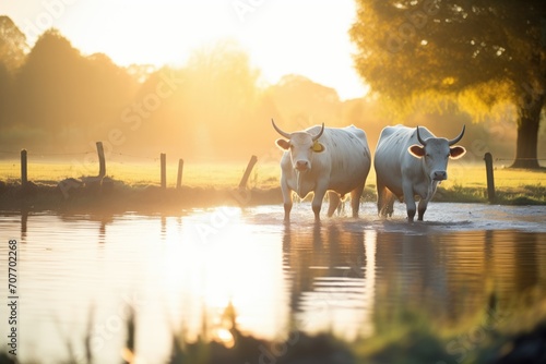 golden hour glow on oxen at pond photo