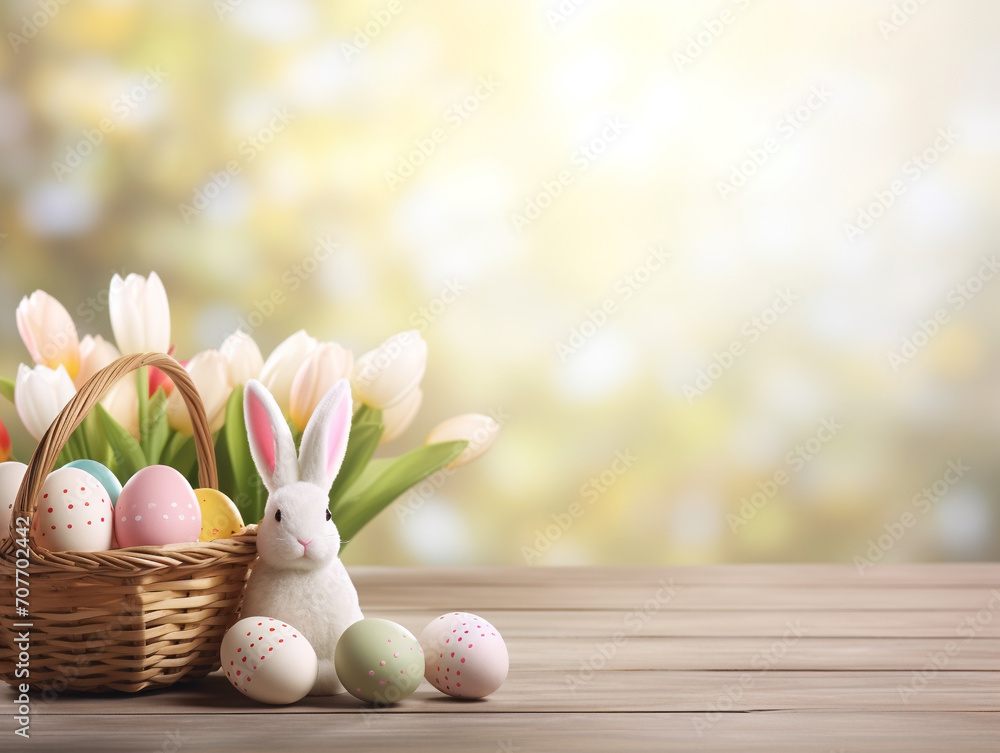 Easter colored eggs with cute white rabbit in basket on light background.