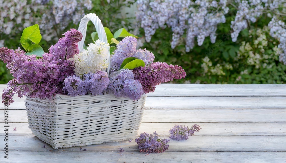 Obraz premium Biały wiklinowy kosz wypełniony kwiatami bzu na białym, drewnianym tle.