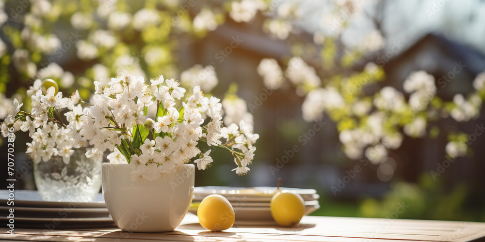 A table with cups and flowers on it Cup of tea with white apple blossoms Wooden texture table top on blurred white rustic kitchen interior Template for product display with flowers and fruit. - obrazy, fototapety, plakaty 
