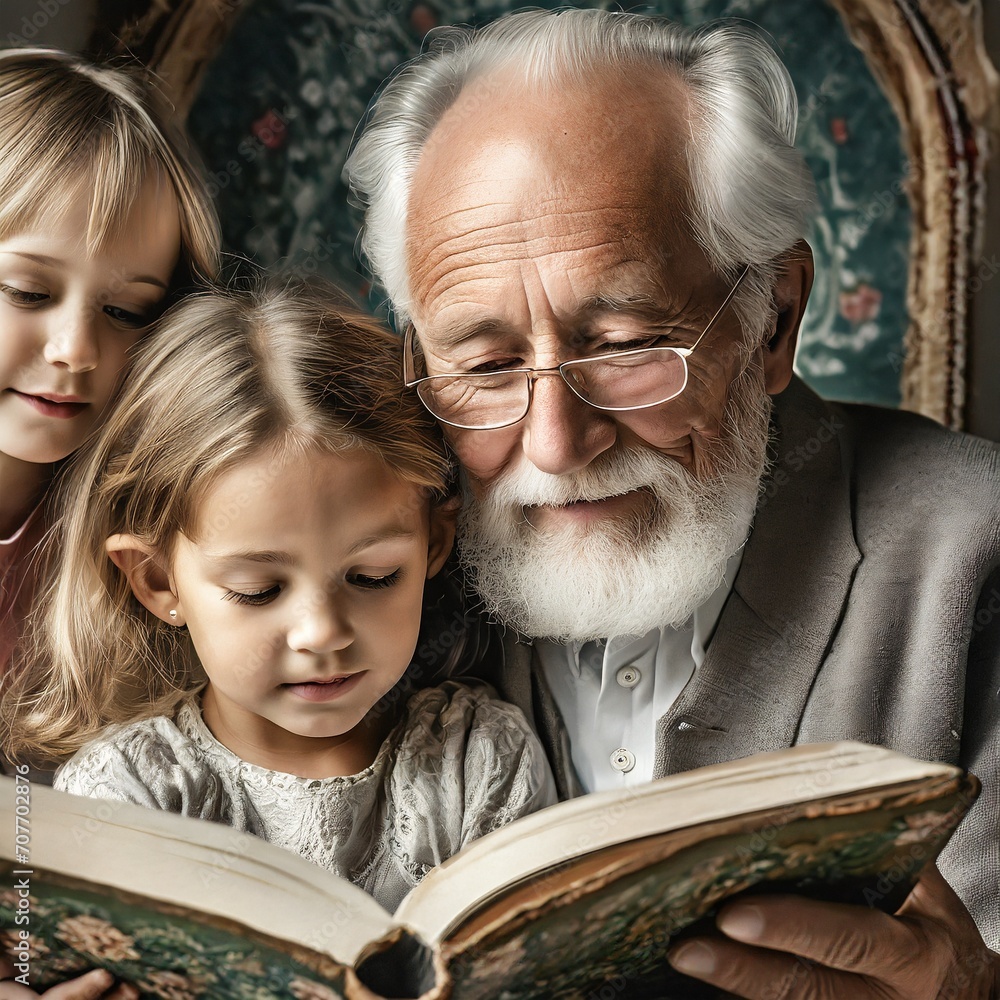 Obraz na płótnie Dziadek czytający wnukom książkę w salonie