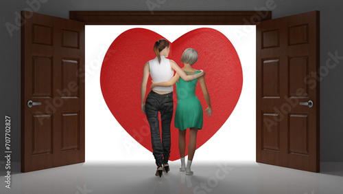 San Valentino. Amore. Coppia di due donne lesbiche attraversa una porta e si avvia insieme verso il futuro. photo